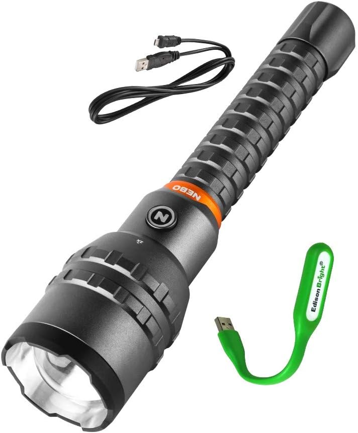 NEBO Redline 12K lumen (12000 lumen) rechargeable high power adjustable beam LED flashlight FLT-1007 with EdisonBright USB powered LED reading light