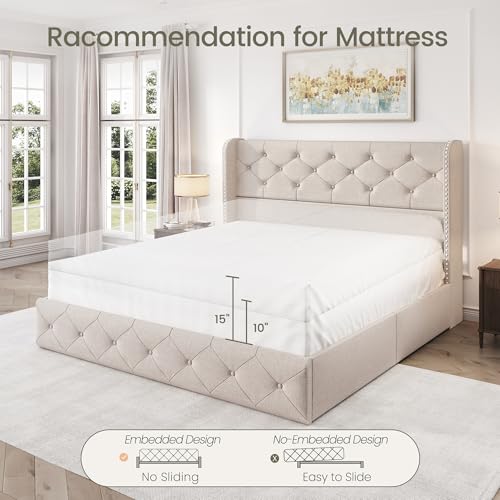 King Size Bed Frame with 4 Storage Drawers and Tufted Headboard Linen Upholstered Platform Bed Frame Wingback Beds with Wooden Slats Support