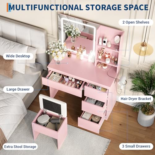 Vanity Desk with Mirror and Lights - Modern Makeup Dressing Table with Outlets, Storage Stool, 4 Drawers & Hair Dryer Holder