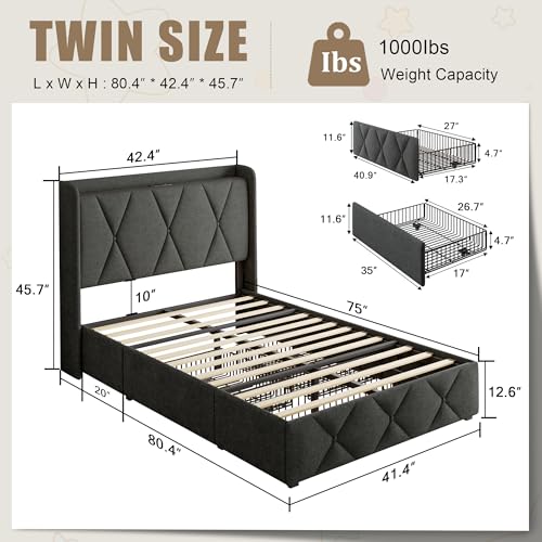 Queen Bed Frame with 4 Storage Drawers and Charging Station, Upholstered Platform Bed Frame with Storage Headboard, No Box Spring Needed