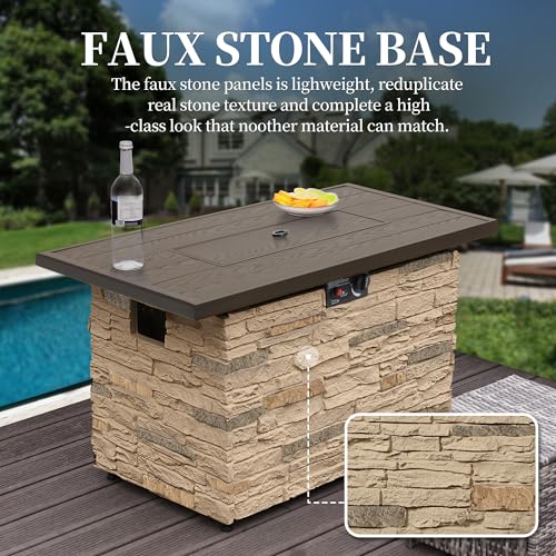 43¡± Propane Fire Pit Table Outdoor Rectangular Stone Firepit Table 50,000 Btu Propane Fire Tables for Outside Patio with Glass Wind Guard, Lid