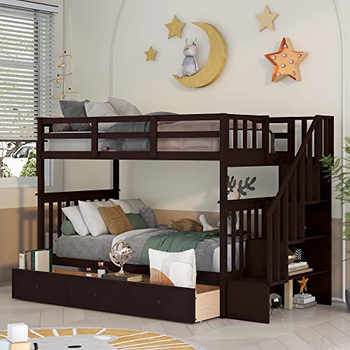 Harper & Bright Designs Twin Over Full Bunk Beds with Stairs and Storage Drawers Wood Bunk Bed Frame with Staircase for Kids Boys Girls Teens, White