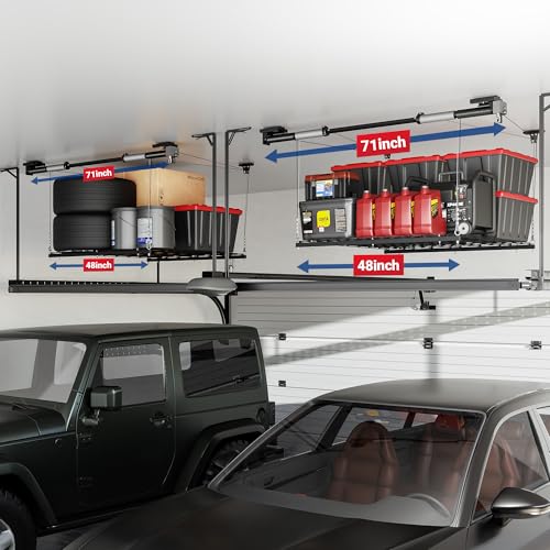 FLEXIMOUNTS GL1 Overhead Garage Lifting Storage Rack, 4x4 Ft Heavy-Duty Metal Garage Ceiling Rack, Adjustable Organization System With 71''
