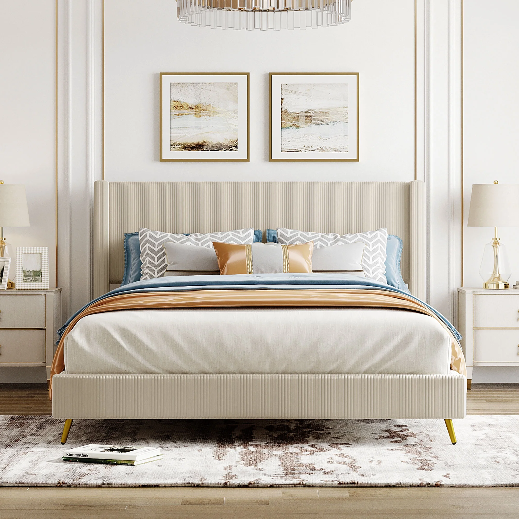 Morden Corduroy Upholstered Queen Bed Frame with Upholstered Headboard No Box Spring Needed Wood Low Profile Platform Bed with Metal Legs