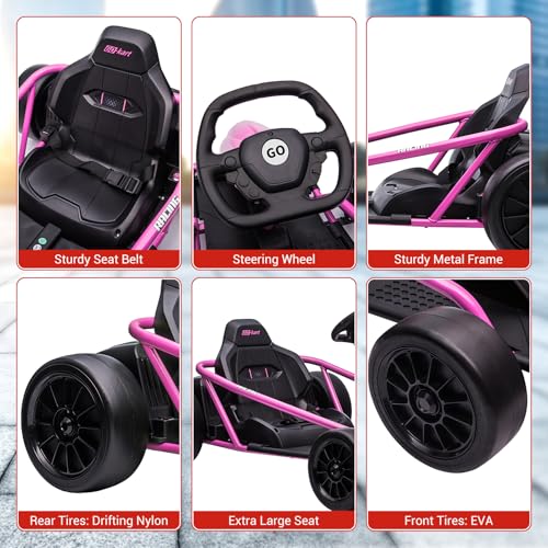 Go Kart Electric Drift Kart Car, 24V Outdoor Ride on Toy, Fast 2×300W Motor, 8 MPH High Speed Drift Car, with Music and Slow Start