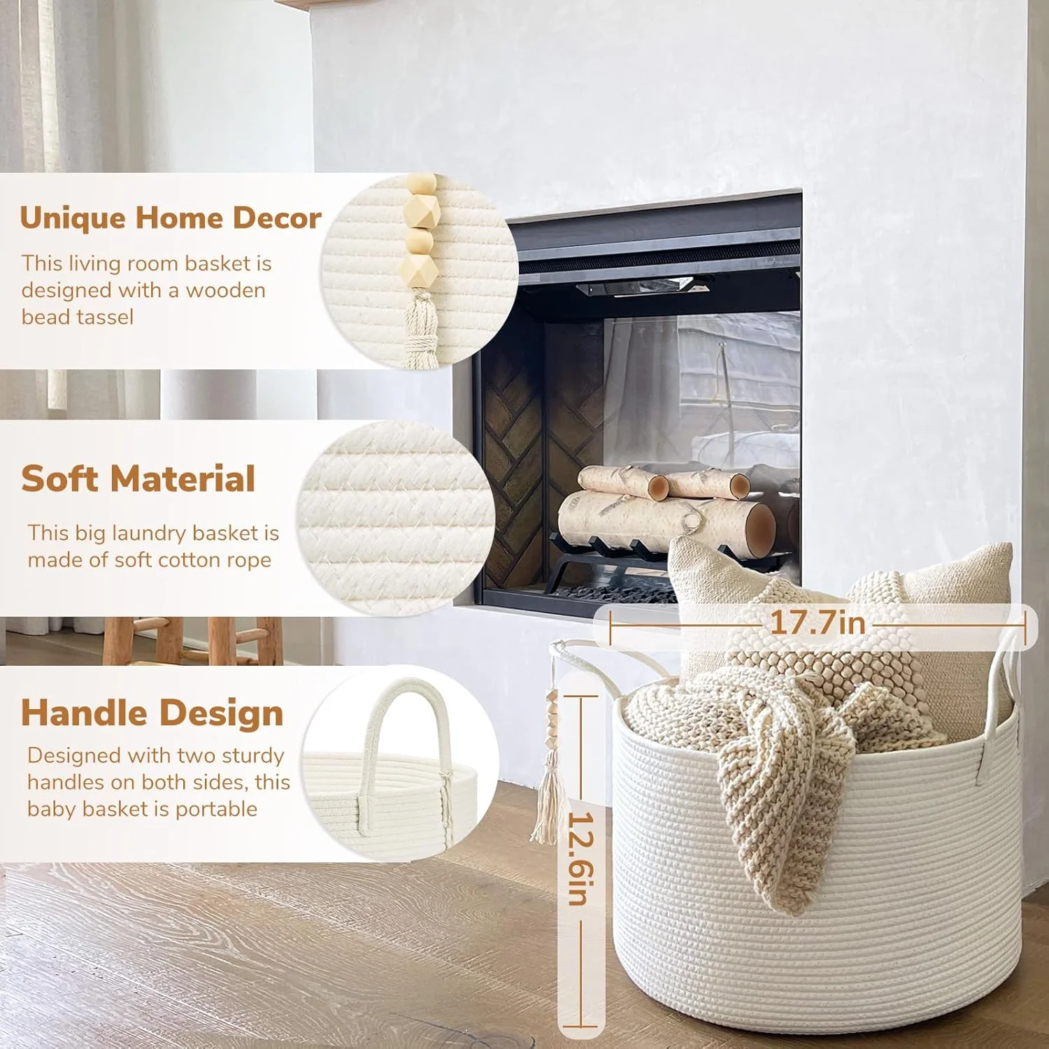 Large Laundry Basket Decorative White Basket for Blankets, Baby Storage Basket for Nursery, Living Room, Bedroom, Big Rope Hamper 17.7 x 12.6 Inches