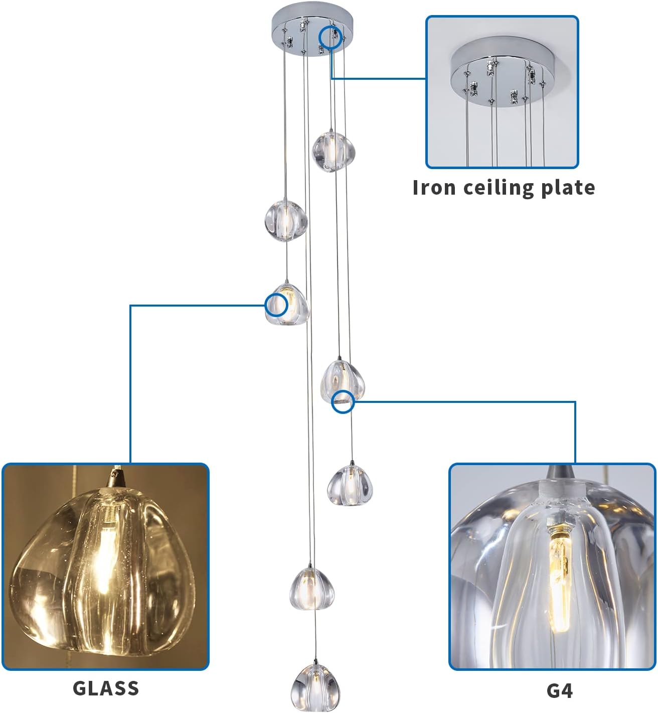 Modern Crystal Chandelier High Ceiling Long Raindrop Ceiling Light 7-Lights Large Foyer Chandelier for Staircase Living Room Entryway G4 Bulb H98.4 x
