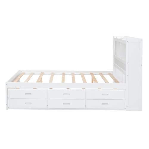 Full Size Storage Bed with Bookcase Headboard and Trundle, Wood Platform Bed Frame with Charging Station