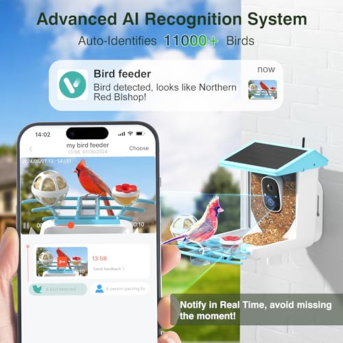 Bird Feeder with Camera, 1296P HD AI Identify Smart Bird Feeder Solar Powered, Auto Capture Bird Videos & Motion Detection