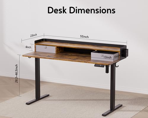 48x24 Inches Electric Standing Desk with 2 Drawers, Height Adjustable Stand up Desk for Home Office, Ergonomic Sit to Stand Table with Storage Shelf