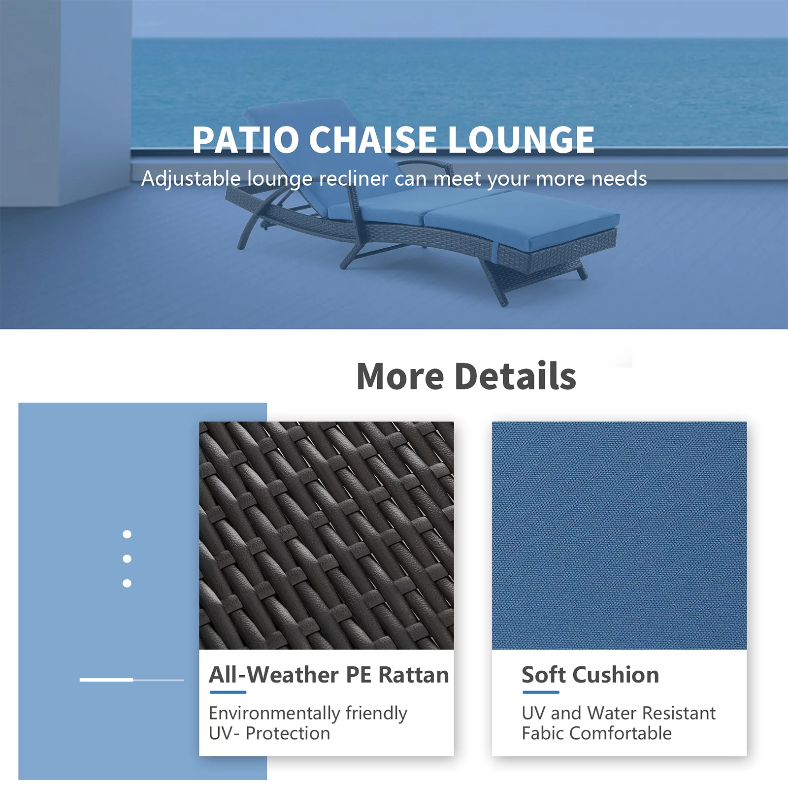 HOMREST Chaise Lounge Chair with 5 Adjustable Position Thickened Cushion Outdoor Reclining Chaise for Patio Backyard(BLUE)