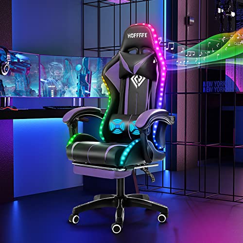 HOFFREE RGB Gaming Chair with Speakers Massage Computer Gaming Chair with LED Lights and Footrest High Back Video Game Chair for Adults Blue and Black