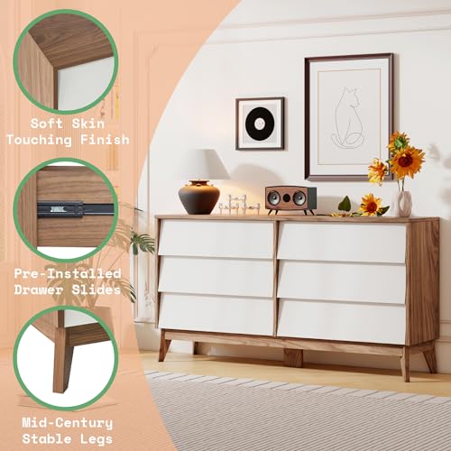 AMERLIFE 6 Drawer Dresser for Bedroom, 60" Mid-Century Wood Storage Closet Chest of Beveled Drawers, Modern TV Stand Dressers Organizer for Bedroom
