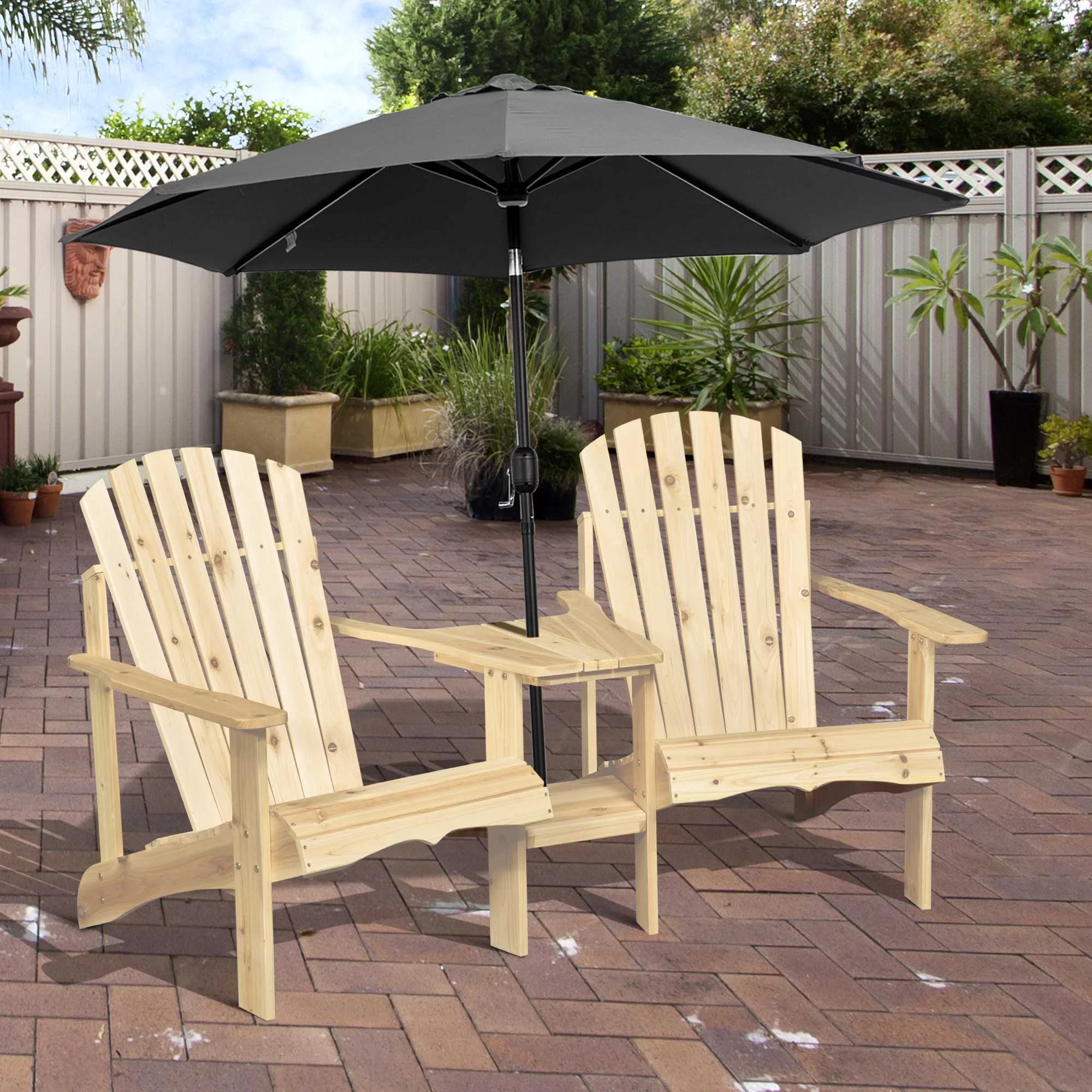 Outsunny Outdoor Tete-A-Tete Bench Wood Adirondack Chair with Center Table