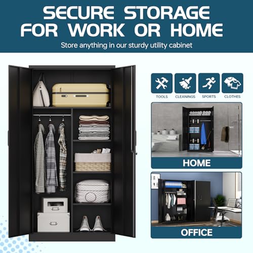 MIIIKO Metal Clothing Storage Locker, Steel Wardrobe Cabinets with Shelves and Closet Rod, 72" Large Storage Locker Closet for Sports Equipment