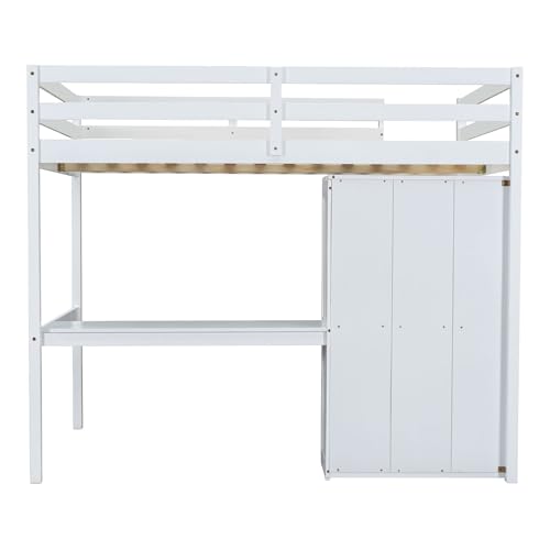 Harper & Bright Designs Full Size Loft Bed with Desk, Storage Shelves and Drawers, Solid Wood Loft Bed Frame with Built-in Wardrobe, Walnut