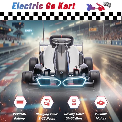 Electric Go Kart with Adjustable Seat, 24V Licensed BMW Drift Kart with Dual 200W Motors, Crazy Go Cart for Kids Ages 6-12, LED Lights