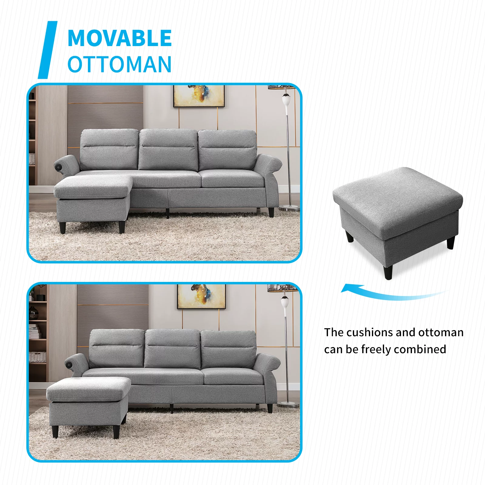 Mjkone Modern 88" W Convertible Sectional Sofa Couch with 2 USB Ports and Adjustable Armres,3 Seat L-Shape Sofa Couch with,Ottoman for Living Room