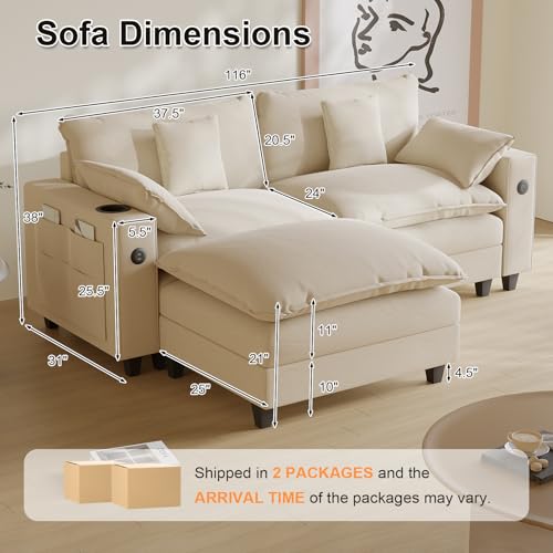 Modular Sectional Sofa, Cloud Couch with Ottoman, Charging Station, Throw Pillows, Cup Holders, Modern Convertible U Shaped Couches for Living Room