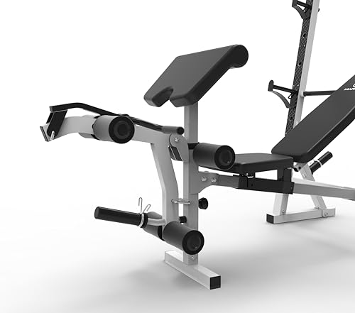 Marcy Olympic Workout Bench for Home Gym Strength Training Equipment with Preacher Curl Pad and Weight Rack Storage, White/Black