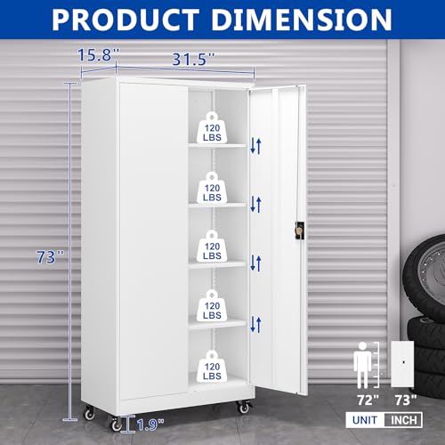 Metal Garage Storage Cabinet with Wheels,Metal Storage Cabinet with Adjustable Shelves,Steel Tool Cabinets with Locking Door for Home, School, Office