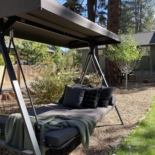 PURPLE LEAF Outdoor Patio Porch Swing with Adjustable PVC Canopy, 3-seat Swing Chair Bench with Side Cup Holder for Backyard Front Porch Lawn
