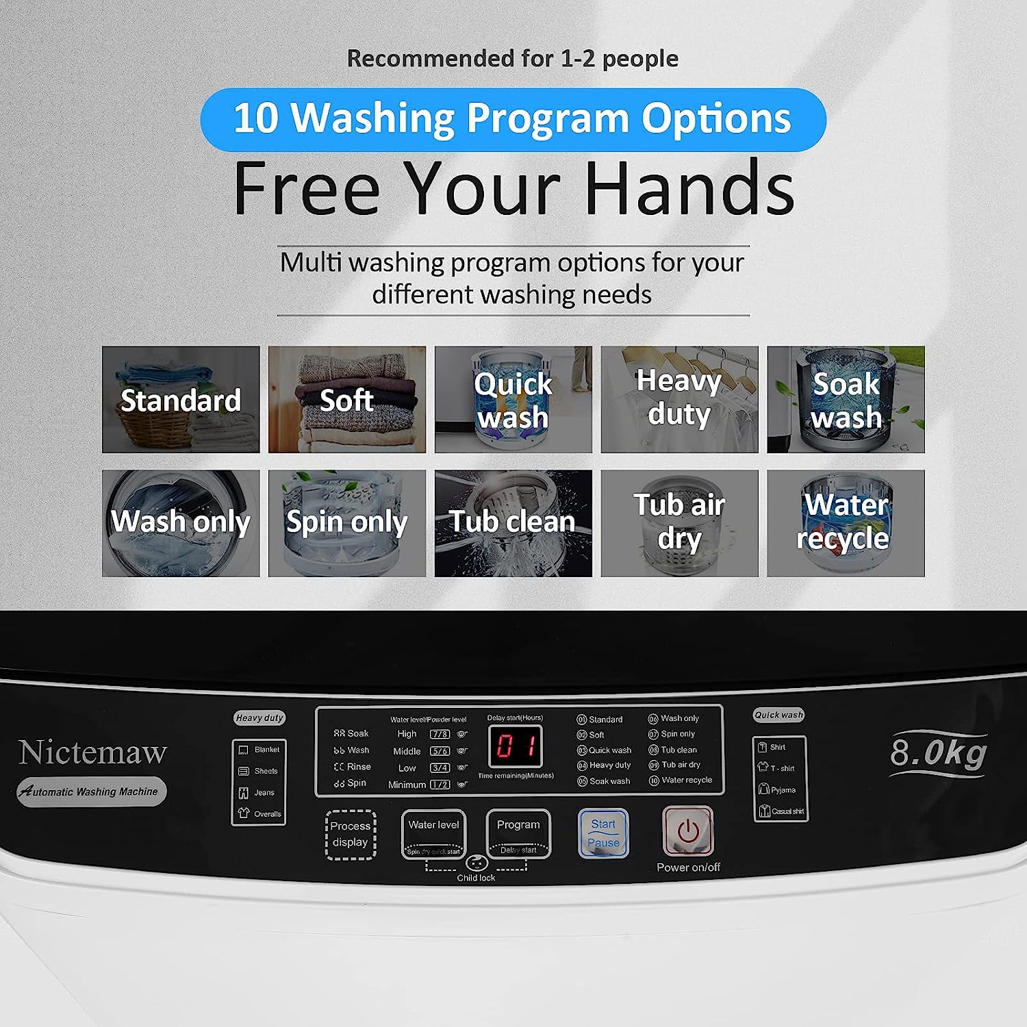 Qhomic Compact Washing Machine, 17.6lbs Capacity, 1.9 Cu.ft Portable Washer with LED Display and Faucet Adapter