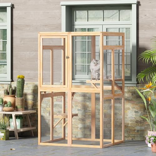 COZIWOW Catio Outdoor Cat Enclosure Window Access, Wooden Cat House Shelter, Kitty Cage with 3 Platforms for Patio Indoor (White)