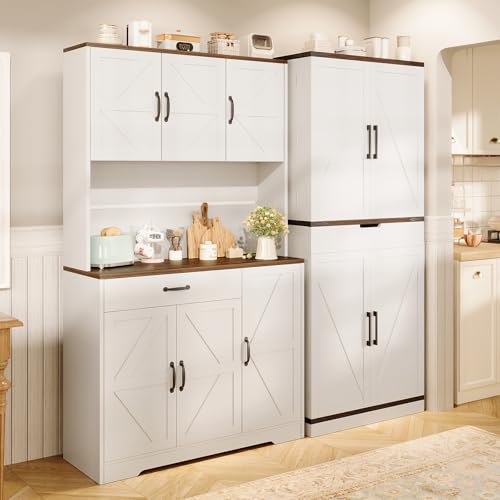 72" Tall Storage Cabinet, Kitchen Pantry Cabinet with Adjustable Shelves & Sturdy Steel Frame, Farmhouse Pantry Storage with 4 Barn Doors for Kitchen