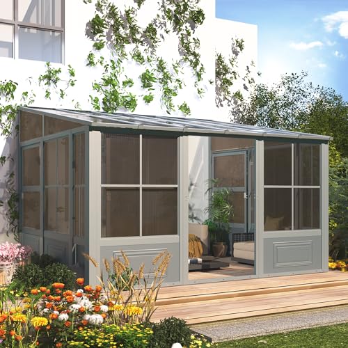 EROMMY 10' x 16' Sunroom, Wall Mounted Gazebo Solarium with Aluminum Frame, Polycarbonate Roof, Permanent Sun Room with Sliding Doors