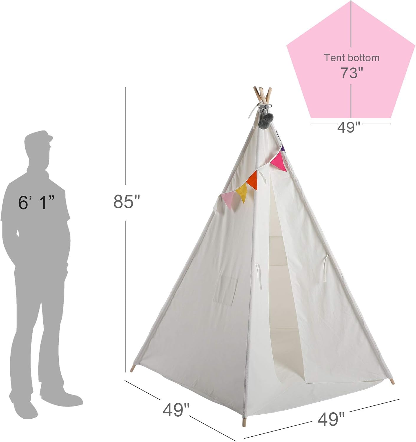 CO-Z Teepee Play Tent Foldable for Kids with Banners - Super Large, for at Least 2 Children - CPST Certificated (5 Poles - 85 Inches Height