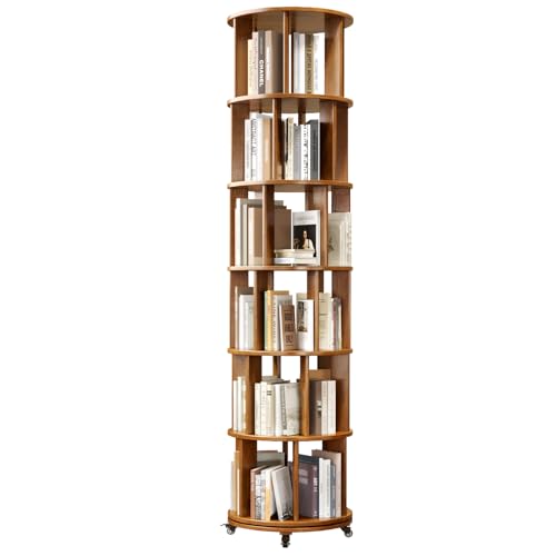6 Tier Rotating Bookshelf Tower Spinning Bookshelf with Swivel Wheels Book Shelf Rotating Storage Tower for Kids Adult Narrow Walnut Solid Wood