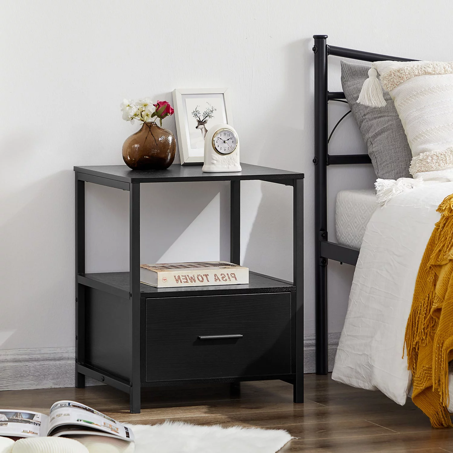 VECELO 3-Piece Bedroom Set with Twin Bed Frame and 2 Black Nightstands