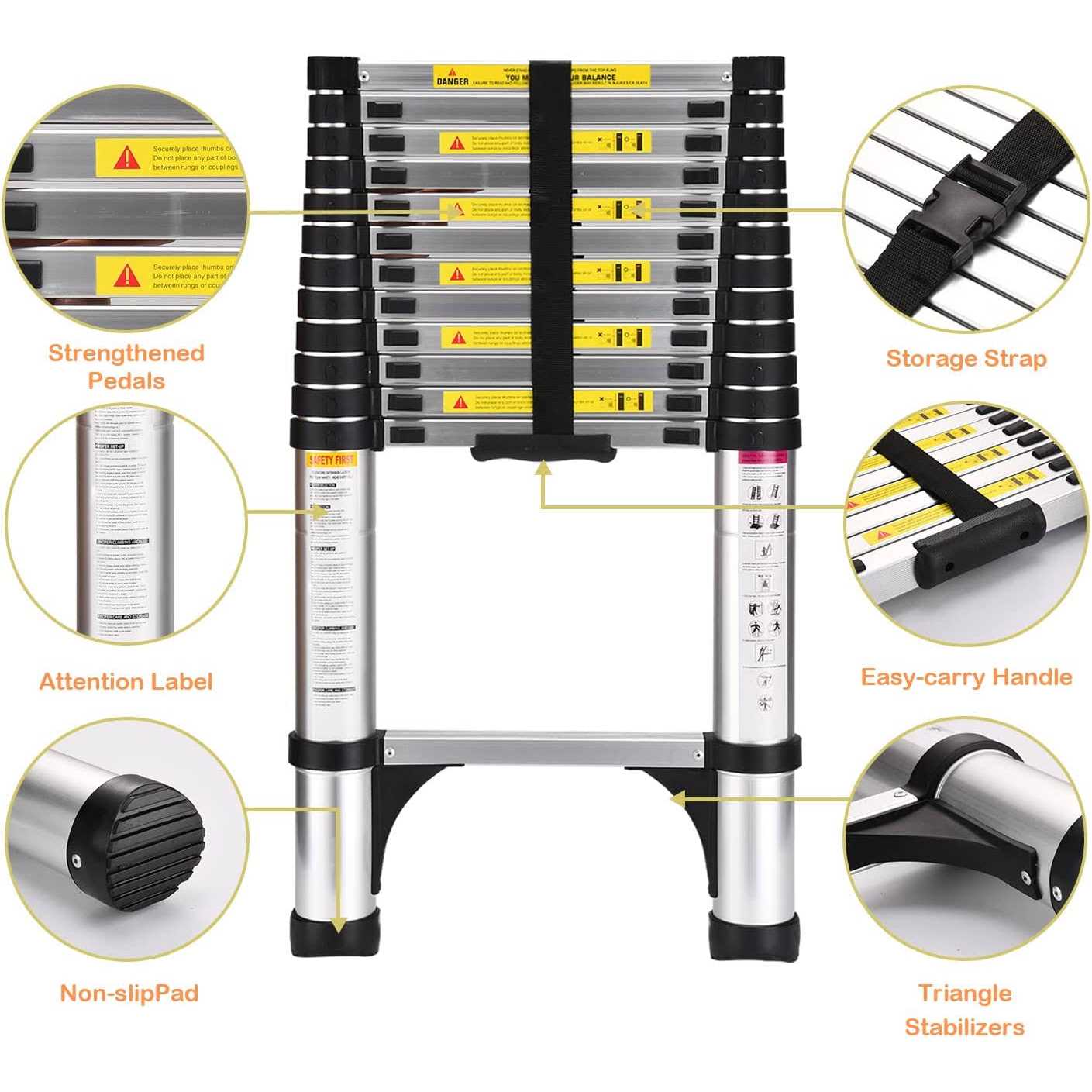 Telescoping Ladder SocTone Aluminum Lightweight Extension Ladder with 2 Triangle Stabilizers - Shop Hardware Tools Online Store