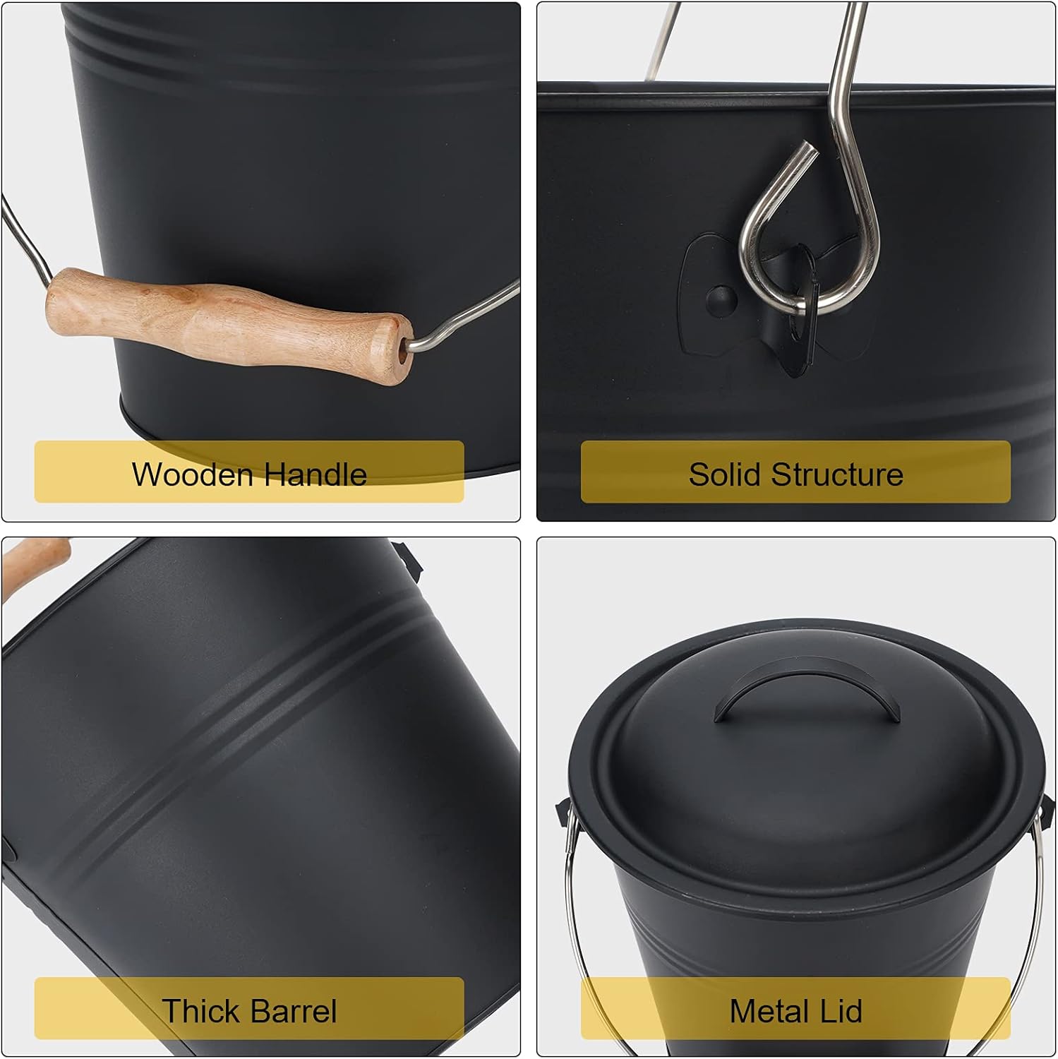 Mini Ash Bucket with Lid, 1.5-Gallon Pail with Shovel and Hand Broom, Metal Bucket Coal and Ash Carrier, Wood Pellet Storage Container