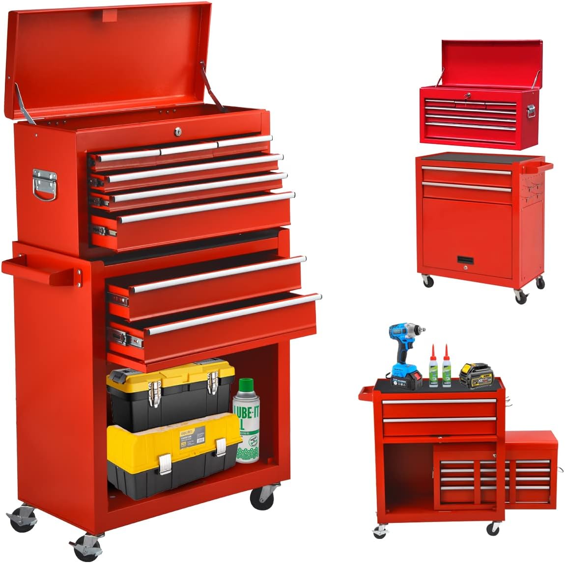 8-Drawer Rolling Tool Chest, Lockable Large Tool Chest with Wheels, 2-Piece Tool Chest Combo