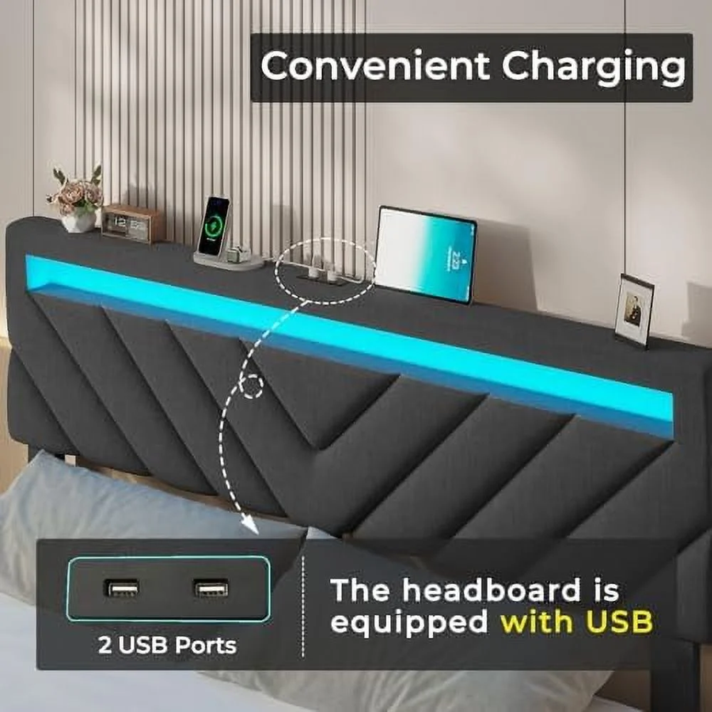 TJCGDTY Queen Bed Frame with Drawers  LED Bed Frame with 2 USB Charging Station  Upholstered Platform Bed with  &amp