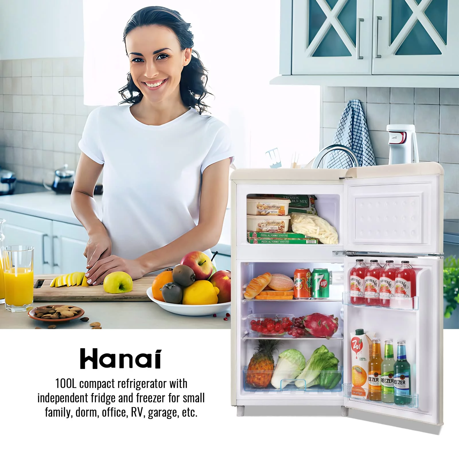 WANAI 3.5 Cu.ft Retro Mini Fridge with Freezer Small Refrigerators Dual Doors & Handles Cream
