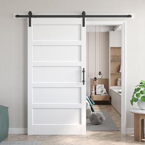 Fredbeck Double 21inx84in White Barn Door and 7FT Sliding Barn Door Hardware Kit Included,Solid,MDF, PVC Surface,DIY Assembly,5-Panel