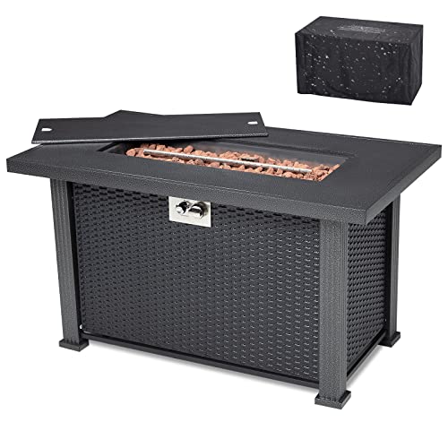 44 Inch Propane Fire Pit Table, 50000BTU Rectangle Fire Table with Cover & Rain Cover, Sturdy Steel and Iron Fence Surface, CSA Safety Certified