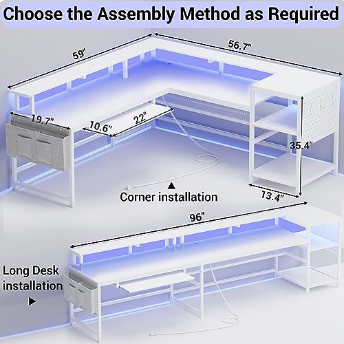 SEDETA L Shaped Gaming Desk, Reversible Computer Desk, Gaming Desk with Power Outlets & LED Strip, Monitor Shelf, Keyboard Tray