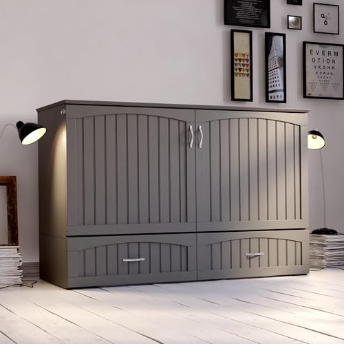 AFI Southampton Queen Murphy Bed Chest with Mattress, Storage, and Built-in Charger in Grey