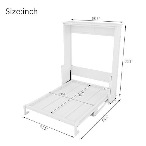 Queen Size Wall Bed with Desk, Wood Hidden Murphy Bed Frame, Foldable Murphy Cabinet Bed with Desk, Queen Size Murphy Bed, White