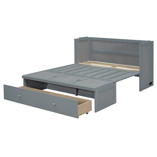 Queen Size Murphy Bed with Drawers and Charging Station Wood Murphy Wall Cabinet Bed with Storage for Saving Space, Espresso