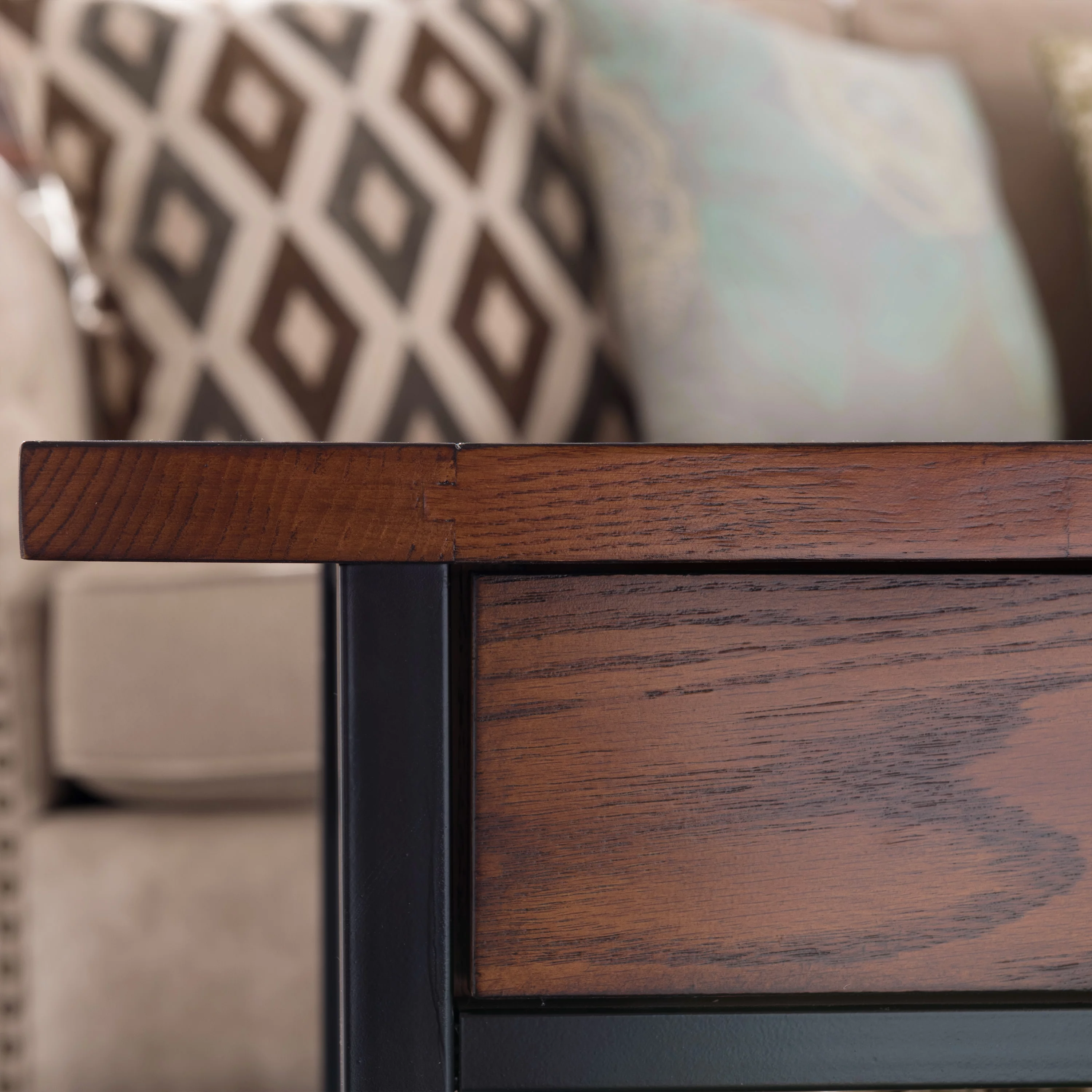 Leick Home 11204 Ironcraft Two Drawer Rustic Coffee Table with Shelf, Mission Oak and Black
