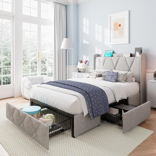 iPormis Queen Bed Frame with 4 Storage Drawers, Upholstered Platform Bed Frame with Charging Station, Modern Wingback Storage Headboard