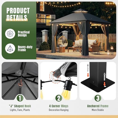 AOXUN Outdoor Gazebo for Patio 10x12, Metal Frame Canopy with Double Roofs