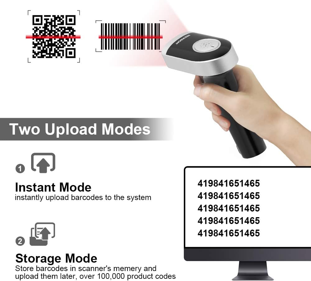 Barcode Scanner with Stand, REEXBON Wireless and Wired Handheld Barcode Reader QR 1D 2D Code Scanner with USB Charging Cable Pack of 2