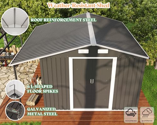 AMERLIFE 10.6x10.3x6.3 FT Metal Storage Shed with Sliding Doors Two 4-Pane Windows, Open Outdoor Shed for Wood Storage, Dark Grey/White
