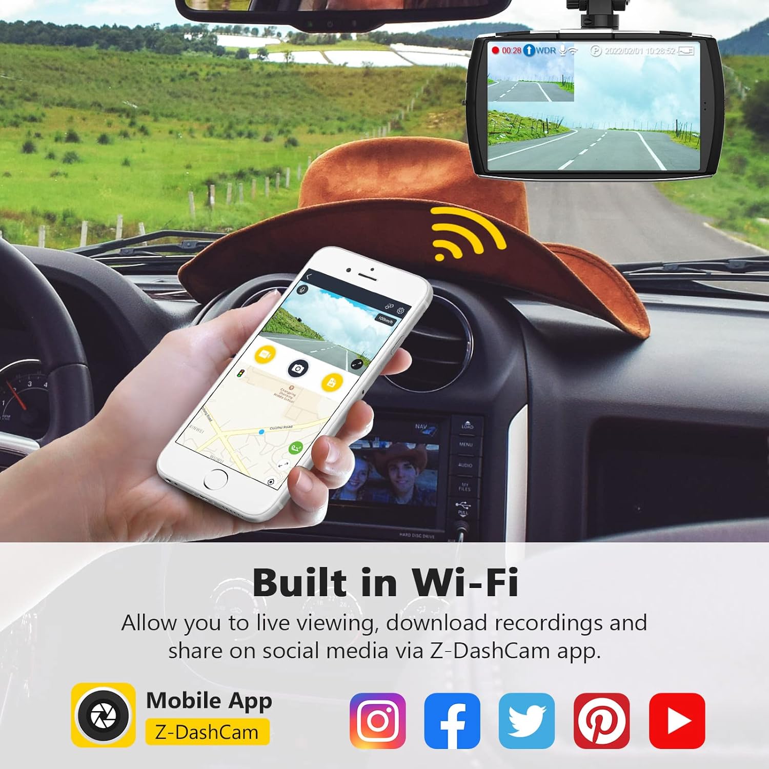 Z-Edge 4K Dual Dash Cam Built-in WiFi, Touch Screen Front and Rear Dash Cam FHD 1080P with Night Mode, 32GB Card Included,155 Degree Wide Angle, WDR